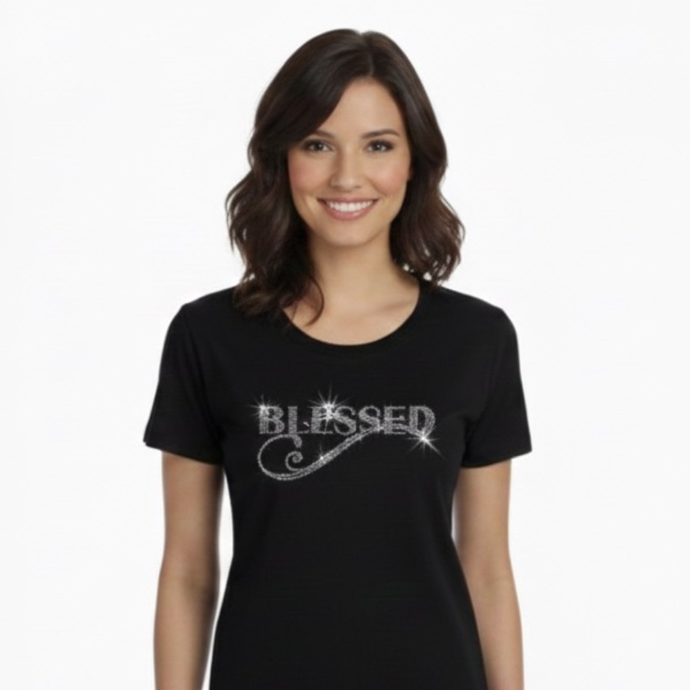 Ladies cut black graphic tshirts w/ "Blessed" msg
